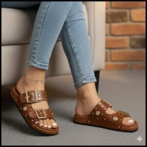 Sandália Rasteira Papete Flatform Spike Ilhós Fivela 2632