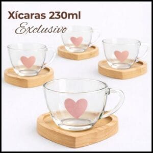 Jogo Xícaras Café Chá Pires Madeira Coração Rosa Presente Dia das Mães Mesa Posta Cantinho do Café