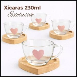 Jogo Xícaras Café Chá Pires Madeira Coração Rosa Presente Dia das Mães Mesa Posta Cantinho do Café