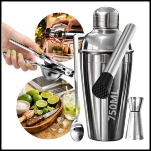 Kit Bartender 750 ml Inox 5 Peças Profissional Espremedor de limão Coqueteleira Socador Dosador