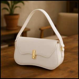 Bolsa Feminina Baguete Cor Branca Linda Metal Dourado