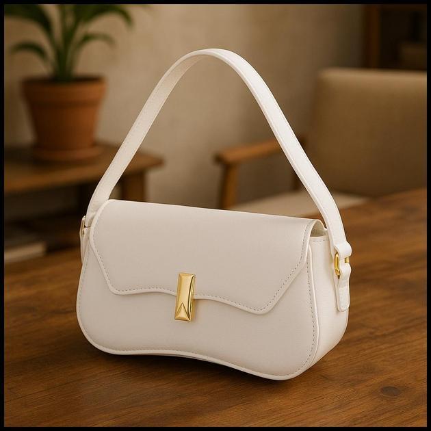 Bolsa Feminina Baguete Cor Branca Linda Metal Dourado