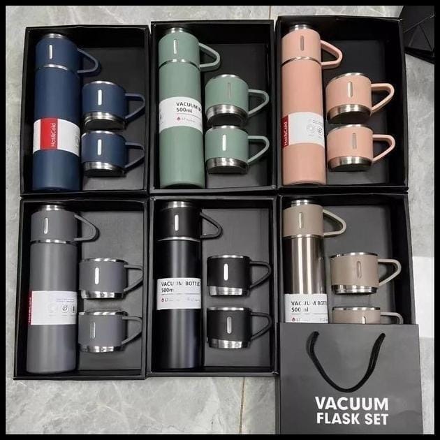 caneca Kit Garrafa Térmica Vacuum Bottle Inox 500ml + 3 Xícaras Bebidas Fria ou Quente