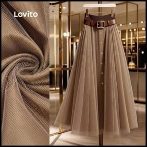 Lovito Saias Elegantes Botão Franzida Primavera/verão Saias Cáqui para Mulheres LBL31270