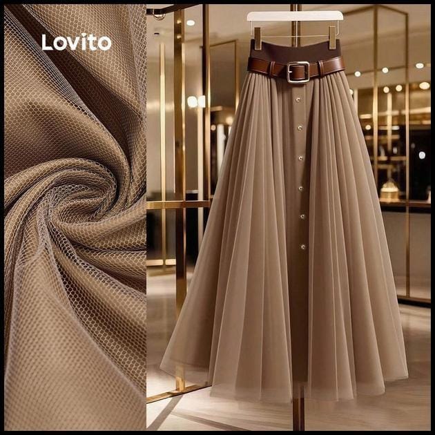 Lovito Saias Elegantes Botão Franzida Primavera/verão Saias Cáqui para Mulheres LBL31270