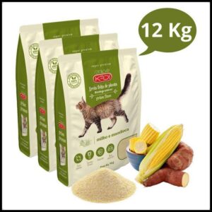Kit 3 Areia Higiênica Natural Biodegradável de Grãos Finos de Milho e Mandioca para Gatos Kadi 12 kg