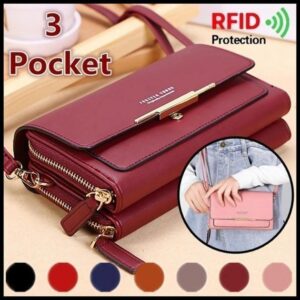 Bolsa Carteira Feminina De Transversal Ombro Couro PU Com 3 Camadas Porta-Cartões Telefone De Corpo Cruzado
