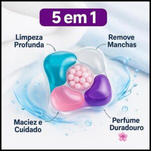 Detergente 5 em 1 Cápsulas de Lavagem 12unidade Lava Roupas Remove Manchas Protege Cores Dissolve em Água Fria