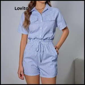 Lovito Macacão Elegante Listrado Com Bolso Falso E Botão Para Mulheres LBL18268