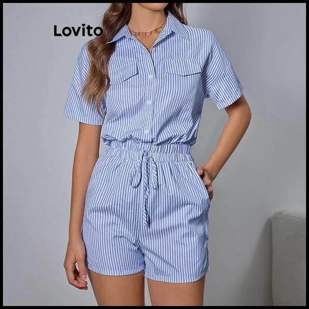 Lovito Macacão Elegante Listrado Com Bolso Falso E Botão Para Mulheres LBL18268