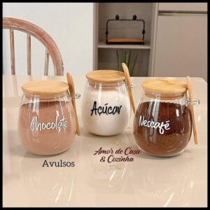 ESCOLHA A PERSONALIZAÇÃO 750ML POTE STYLE TAMPA E COLHER DE BAMBU AVULSO