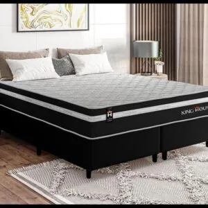 Conjunto Cama Box King Size Durham 193x203x60 Preto/Branco c/ Molas Ensacadas - King House