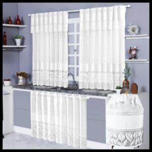 Kit Cortinas de Cozinha Renda Cortina Janela 1,20x2,20m - Cort Pia 0,80x1,50m + Capa de Botijão Decoração Tulipa Branca - SouTextil