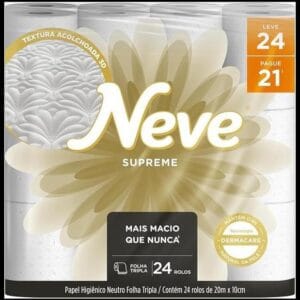 Neve Papel Higiênico Supreme Folha Tripla, 20m, Leve 24 Pague 21 Rolos