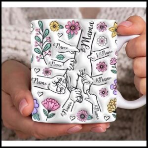Caneca Personalizada Floral Dia Das Maes Segurando Mão da Mãe/Avó Com Efeito Inflado 3D