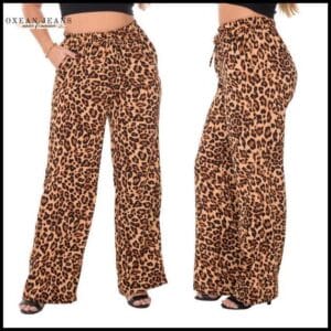 Calça Pantalona Feminina Onça Com Bolso Cintura Alta