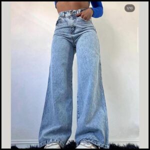 Calça Jeans Feminina Wide Leg Marmorizada Cintura Alta Sem Lycra