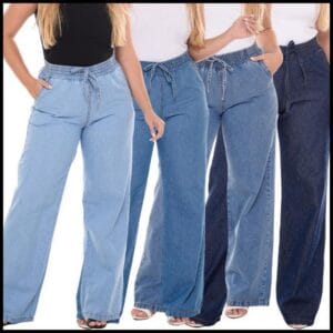 Calça Jeans Feminina Wide Leg Cintura Alta Pantalona Tecido Leve 100% Algodão