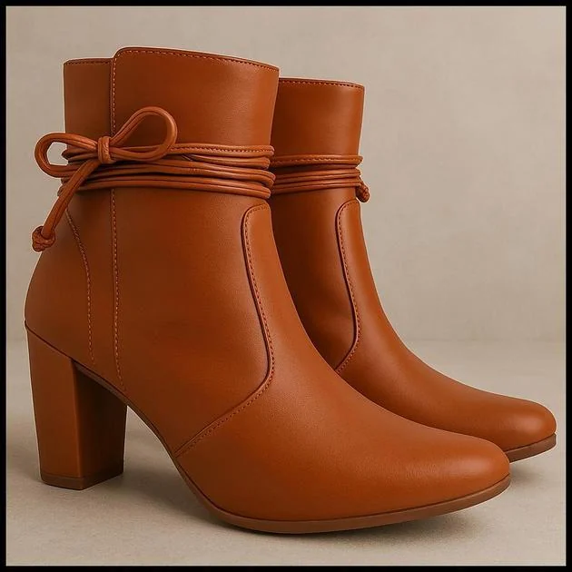 Bota Feminina Bico Fino Salto Alto Grosso Fashion Confortável de Amarrar Leve Original OLZZY