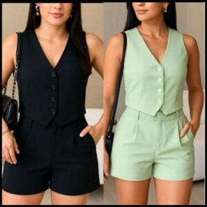 CONJUNTO FEMININO SOCIAL EN ALFAIATARIA PERFEITO PARA TRABALHO OU PASSEIO COLETE E SHORTS