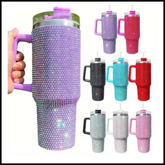 Novidade! Térmico 1200ml Copo Com Strass Brilhante Com Alça Tampa E Canudo de metal