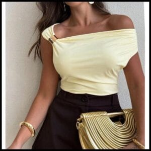 Blusa Feminina Elegante Suplex Premium Fivela Dourada Casual Trabalho Social Ombro a Ombro Ciganinha