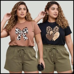 Kit 2 Camisetas Plus Size Feminina Estampada 100% Algodão Tendencia Estilosa