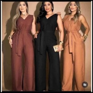 Macacão feminino elegante pantalona longa com cinto, decote em V, costas abertas e bolsos invisíveis, moderno versátil