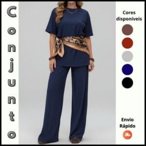 Conjunto Feminino Calça Pantalona com Blusa feminina Manga Curta