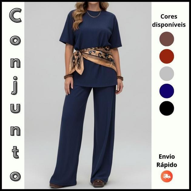 Conjunto Feminino Calça Pantalona com Blusa feminina Manga Curta