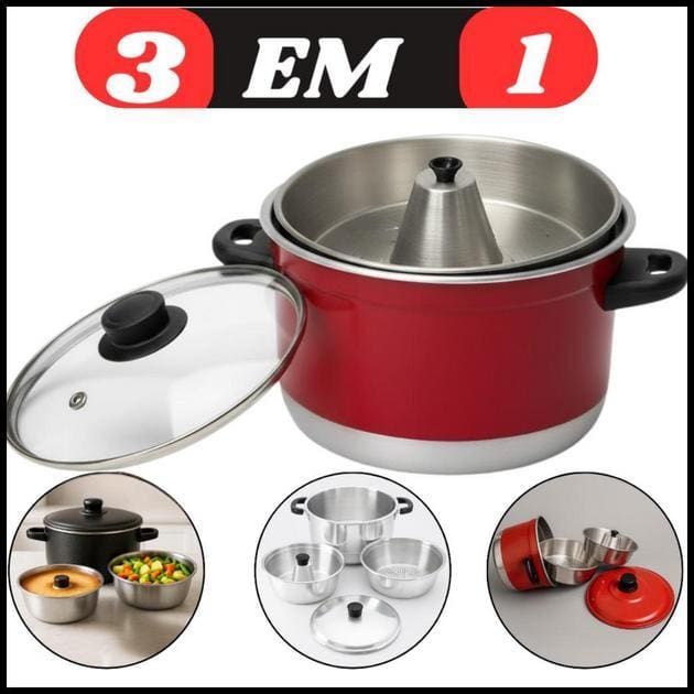 Panela Alumínio 3 Em 1 Tampa de Vidro Multiuso com forma Pudim legumes Vapor Cuscuzeira Banho Maria