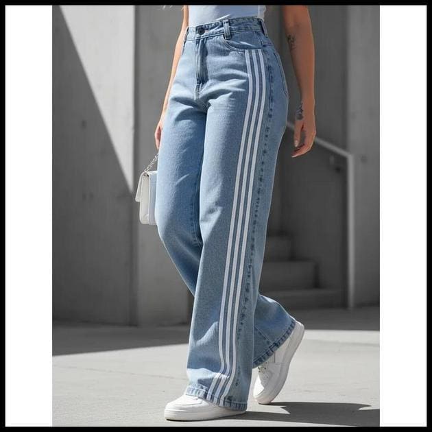 Calça Jeans Feminina Cargo Wide Leg Cintura Alta Listras Laterais Estilo Esportivo Streetwear
