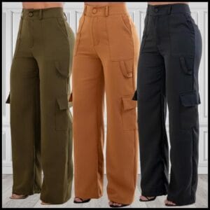 Calça Alfaiataria Social Feminina Pantalona Cargo Wide Leg Bolsos Cós Alto