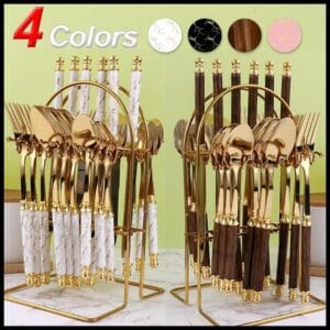 【😍Novas chegadas!!!】Kit 24 talheres de aço inoxidável de luxo Conjunto de talheres, garfo e colher de padrão de mármore