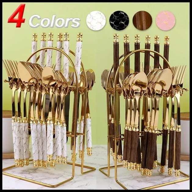 【😍Novas chegadas!!!】Kit 24 talheres de aço inoxidável de luxo Conjunto de talheres, garfo e colher de padrão de mármore