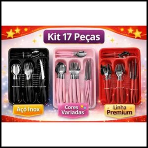 Kit Conjunto Talher Faqueiro com até 17 Peças Aço Inox Cozinha Com Suporte Para Gaveta - Preto - Vermelho - Rosa
