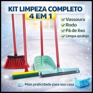 Kit Limpeza 4 Peças com Cabo Vassoura Rodo grande 40cm Pá de Lixo Grande Limpa Azulejo Multiuso Casa