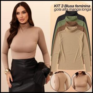KIT 3 Blusas Feminina Cacharrel Gola Alta Manga Longa Segunda Pele Básica Para Inverno Frio