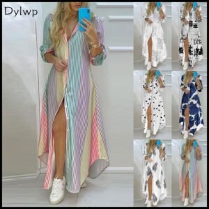 Vestido Longo Feminino Com Listrada Estampa Casual