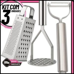 Kit 3 Utensílios de Cozinha Inox – Amassador de Batata + Descascador de Legumes + Ralador Multiuso