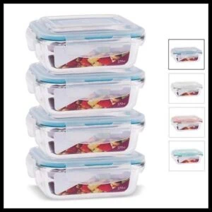 KIT 4 Potes de Vidro Retangular com Tampa Hermética 370ml - Casa Linda