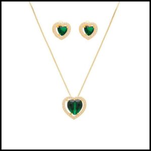 Conjunto Colar E Brinco Coração Pedra Verde Folheado A Ouro