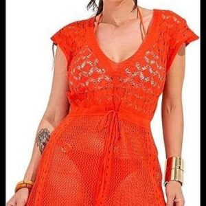 Saida de Praia Crochê Vestido Curta Tricot Rendado Cinturada Manga Curta Elegante Saida de Banho Piscina Canga Verão