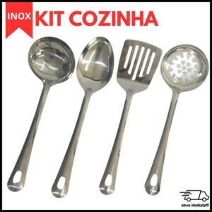 Utensílios para Cozinha INOX 4pçs - Espátula Escumadeira Colher de Arroz Concha Louça Comida Casa