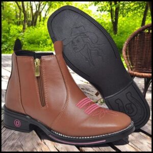 Bota Botina Feminina Texana Macia Country Cowboy Bico Quadrado Confortável Zíper E Rebites