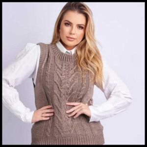 Colete Feminino Tricot com Detalhes de trança, Ponto Fang Elegante Tendência Moda Outono/Inverno