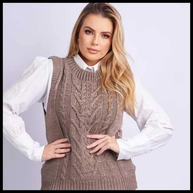 Colete Feminino Tricot com Detalhes de trança, Ponto Fang Elegante Tendência Moda Outono/Inverno