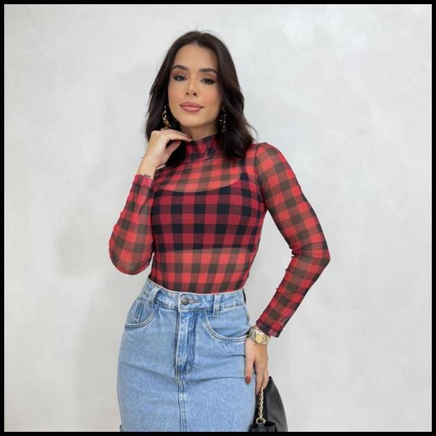 Body Feminino de Tule Xadrez Transparente Gola Alta e Manga Longa Moda Inverno Elegante