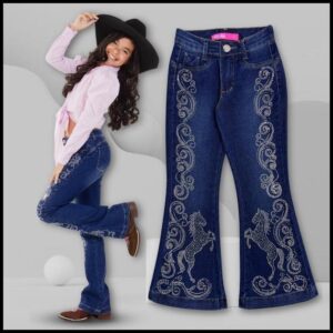 Calça Jeans Flare Infantil Menina Com Strass Country Ana Castela Calça Boiadeira Estampa de Cavalo