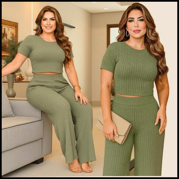 Conjunto Feminino Calça Pantalona e Cropped Manga Curta - Malha Canelada Premium Toque de algodão